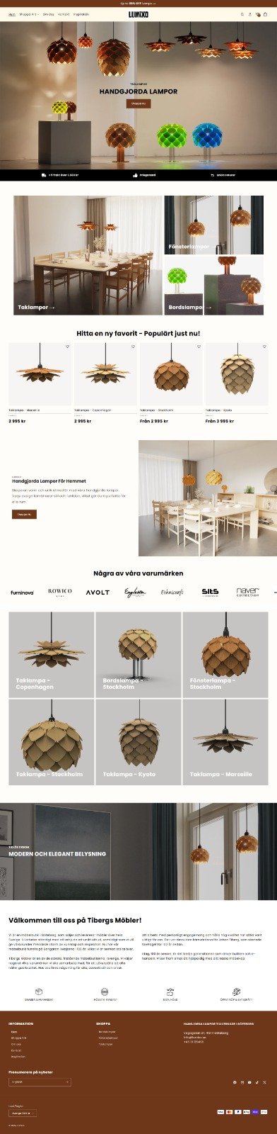 Lumixo: Handmade Lighting Shopify Store homepage, full length