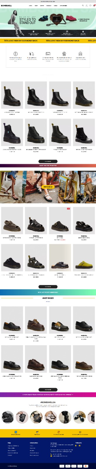 Bombshell SA: Footwear Shopify Store homepage, full length