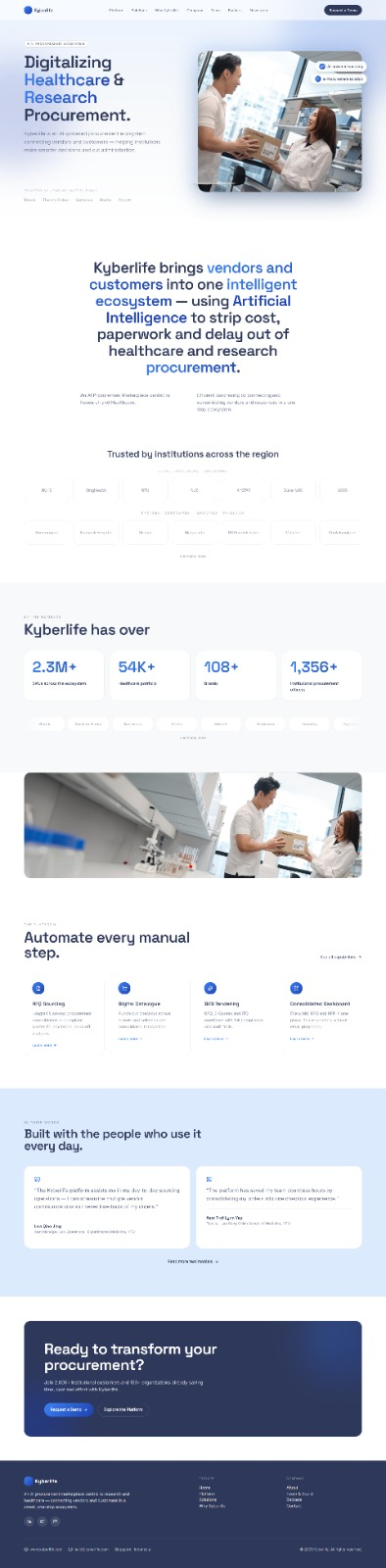 Kyberlife: Healthcare Procurement Platform homepage, full length