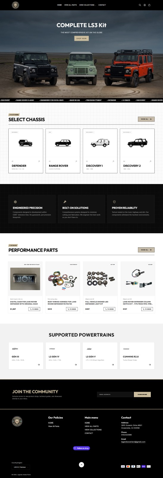 Legends Global Parts: LS Swap Shopify Store homepage, full length