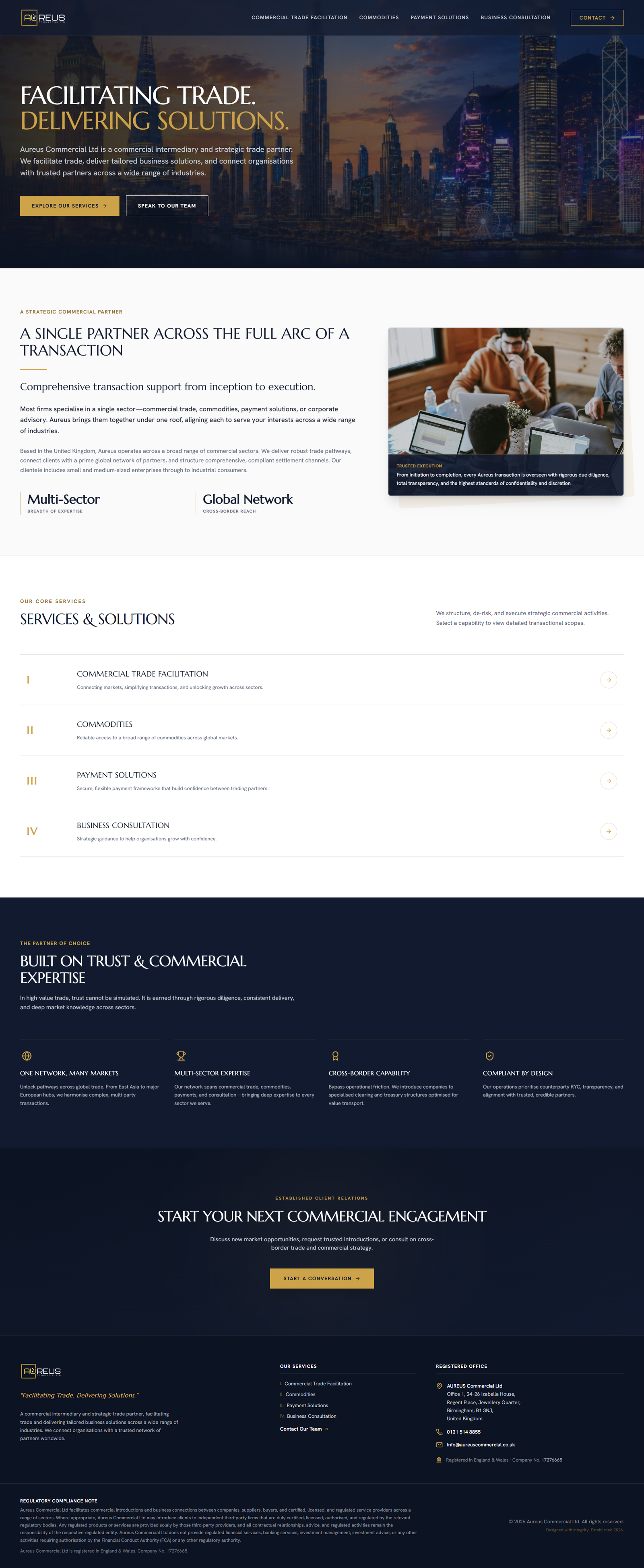 Aureus Commercial: Corporate Trade Website homepage, full length