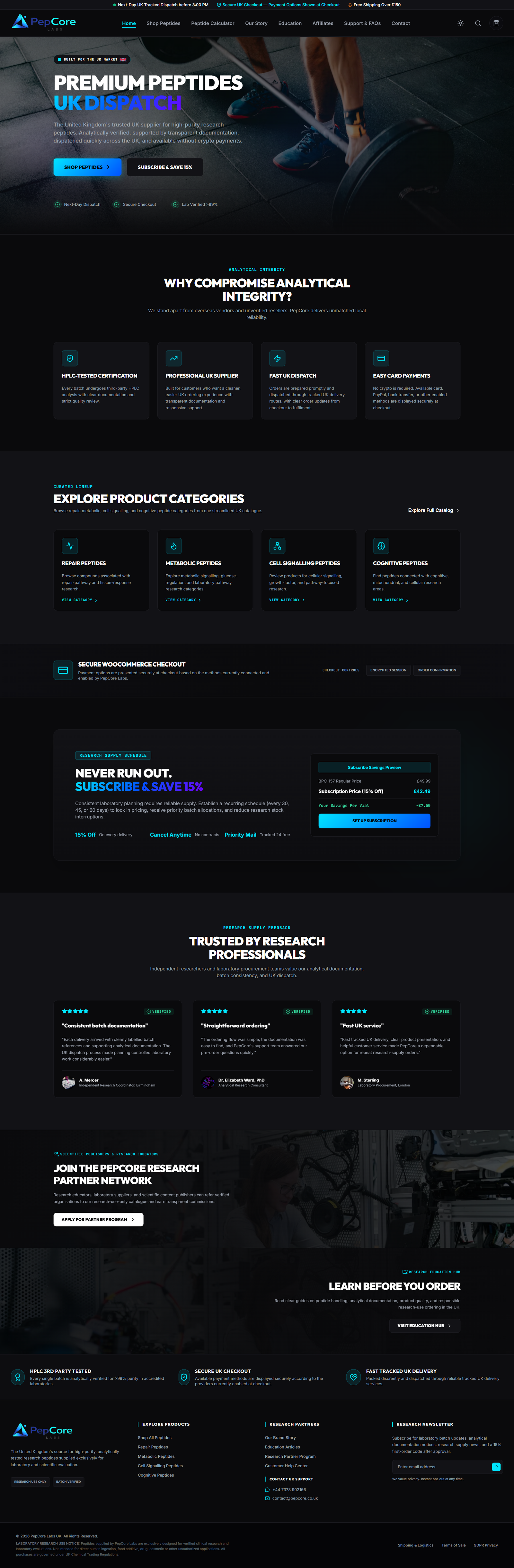 PepCore Labs: UK Peptide WooCommerce Store homepage, full length