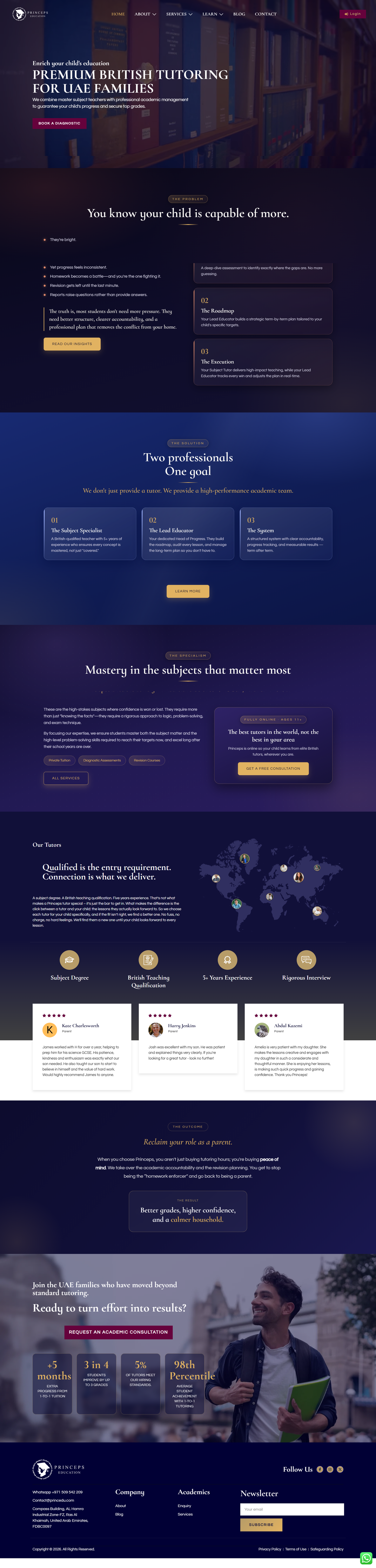 Princeps Education: Online Tutoring Website homepage, full length